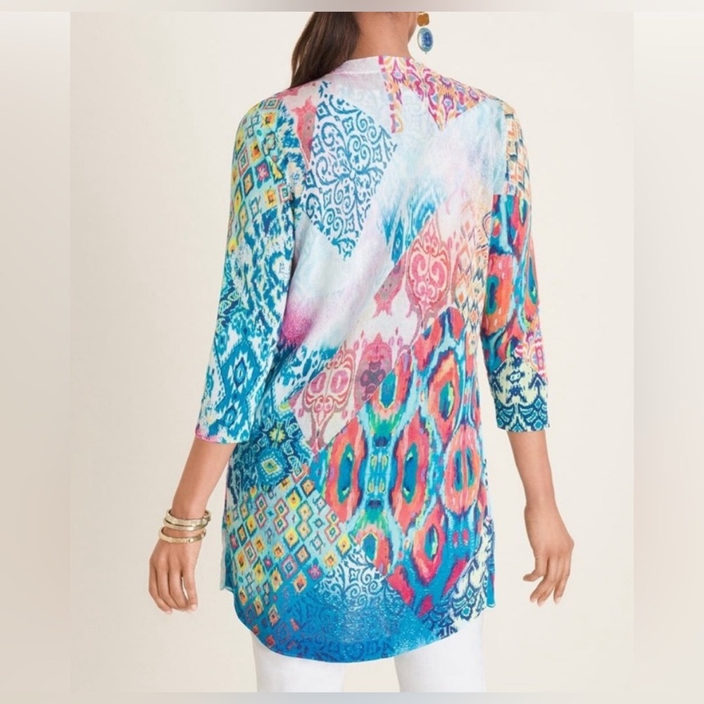 Chicos Open Front Cardigan Ikat Print Colorful Artsy‎ 4 XXL 3/4 Sleeves - Picture 2 of 8